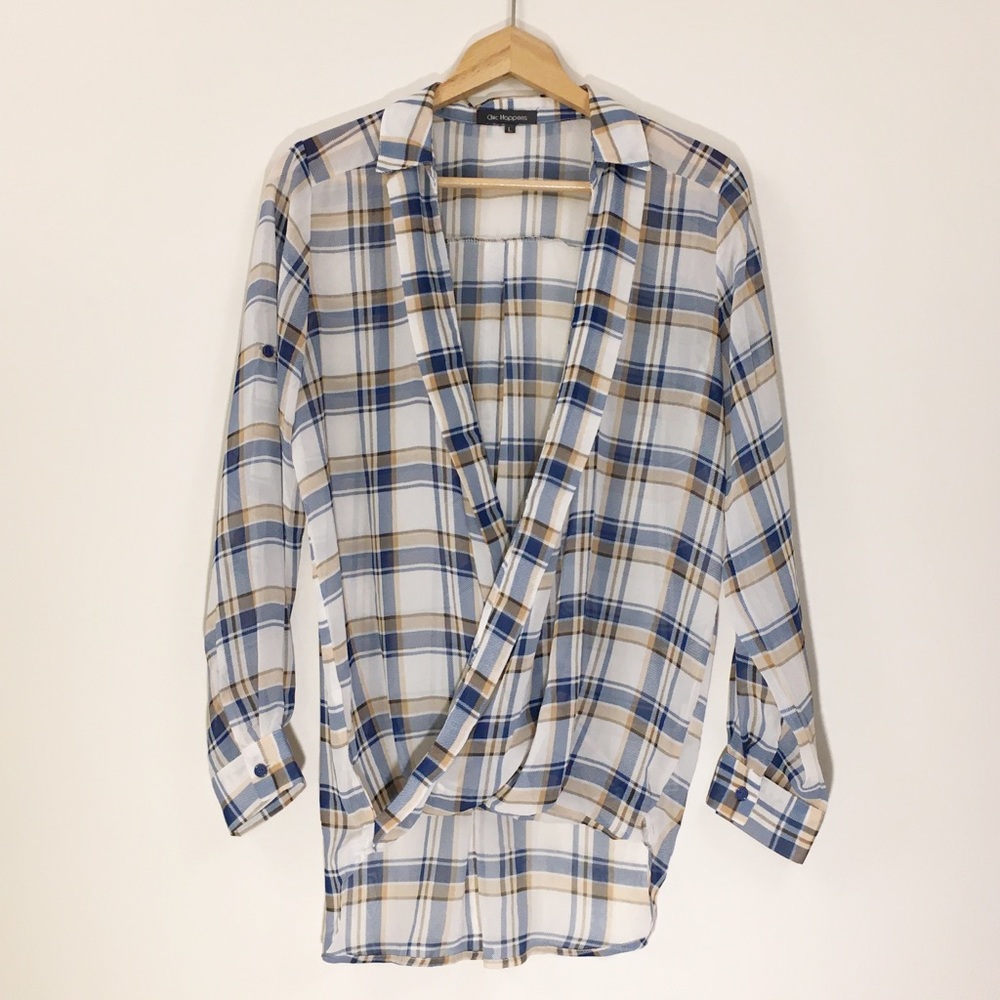 Chic Happens sheer plaid criss cross blouse Large